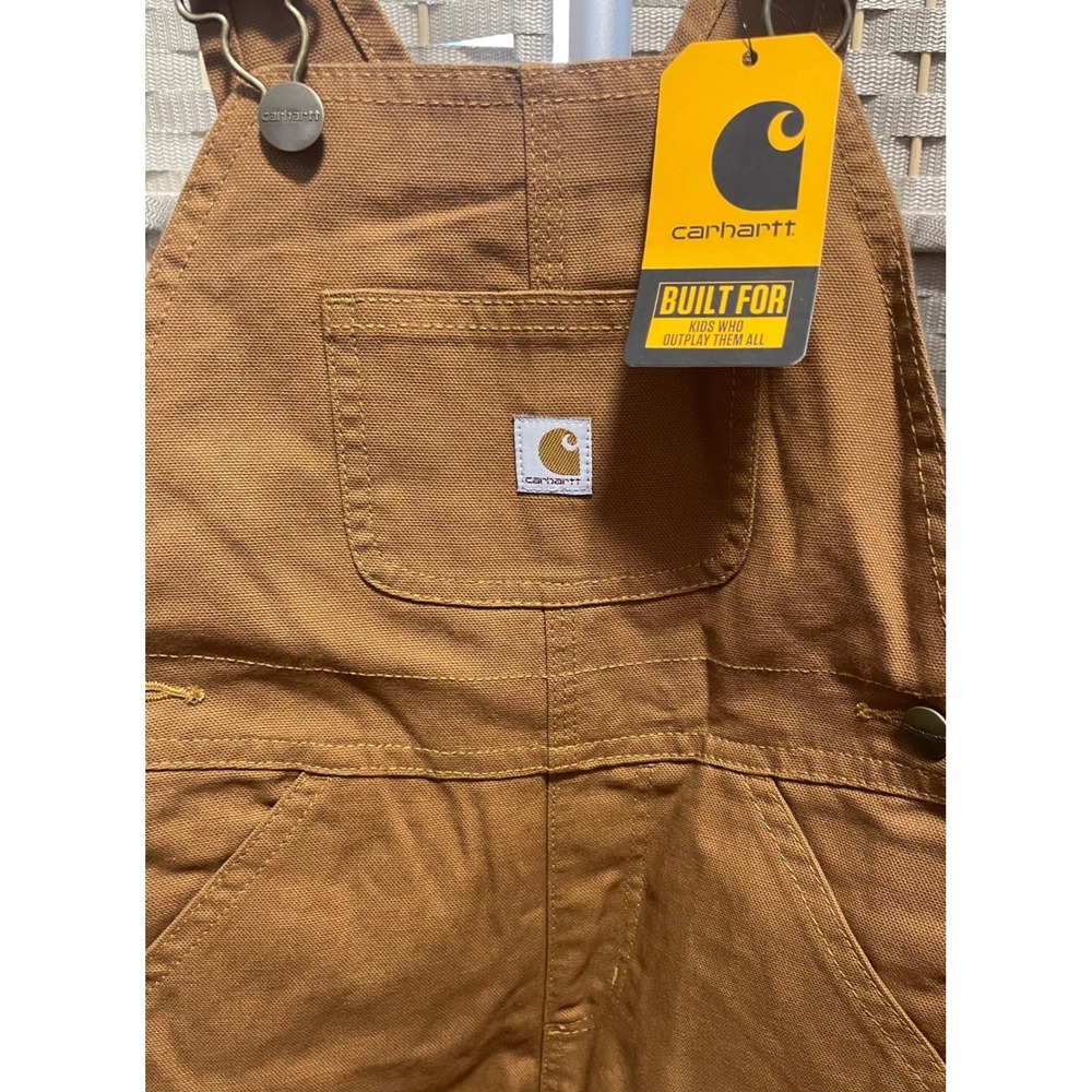 NWT Carhartt Kids Flannel Lined Duck Bib Overalls Brown Plaid Size 4T - Picture 2 of 15